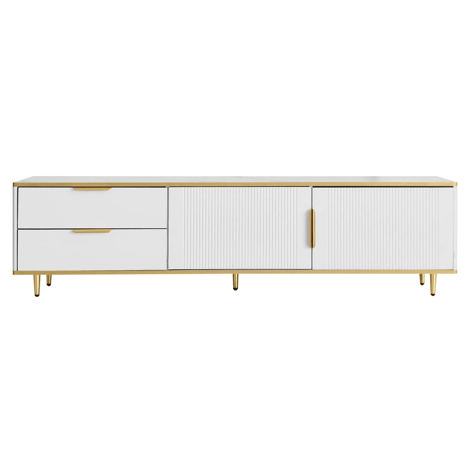 Meuble TV Lowboard 175x40x45 cm – Table TV avec portes, tiroirs et détails dorés pour salon