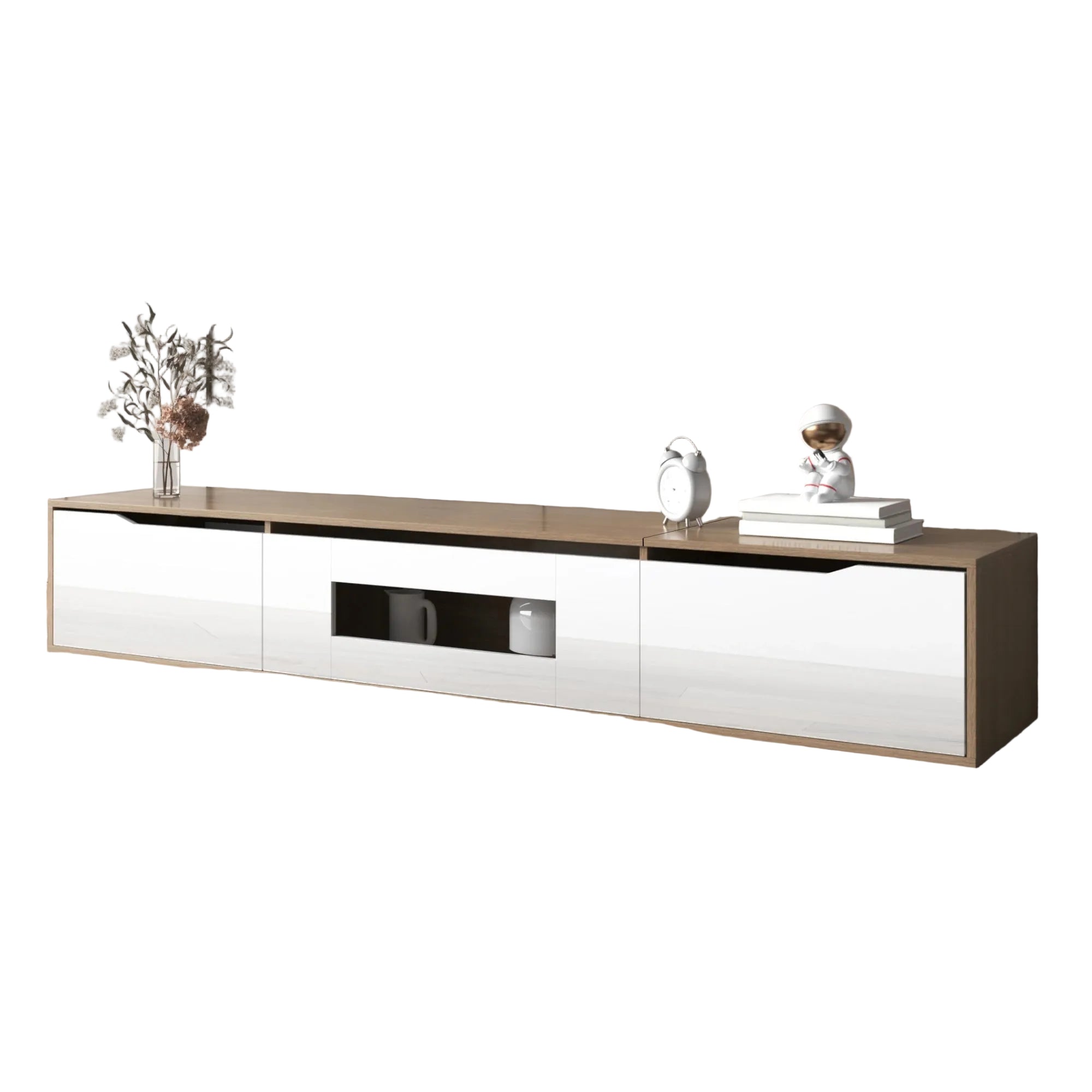 Meuble TV moderne avec LED – Design blanc brillant et bois pour salon, lumière à couleurs changeantes