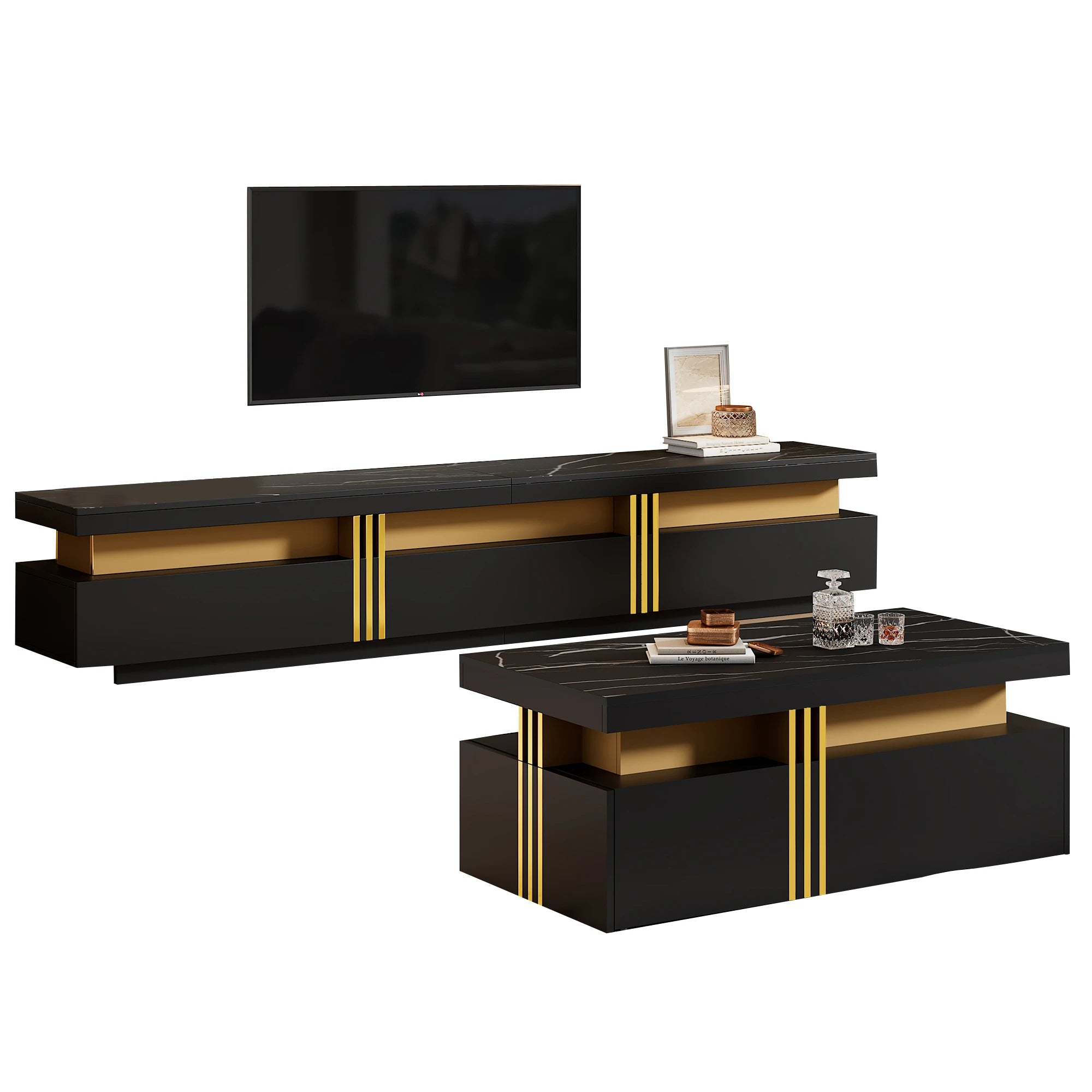 Meuble TV noir multifonction – Table basse et meuble mural pour salon avec plateau effet marbre