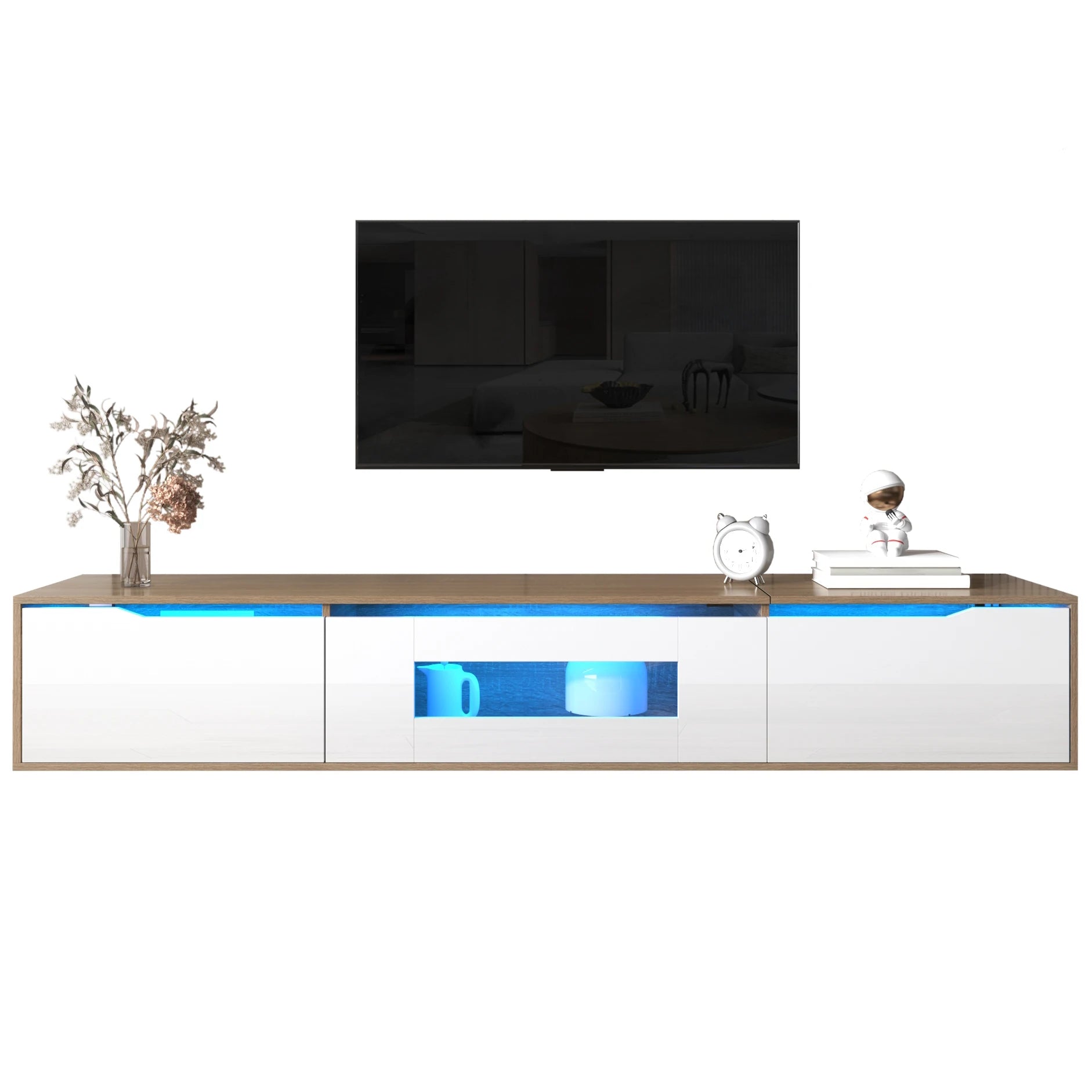 Meuble TV moderne avec LED – Design blanc brillant et bois pour salon, lumière à couleurs changeantes