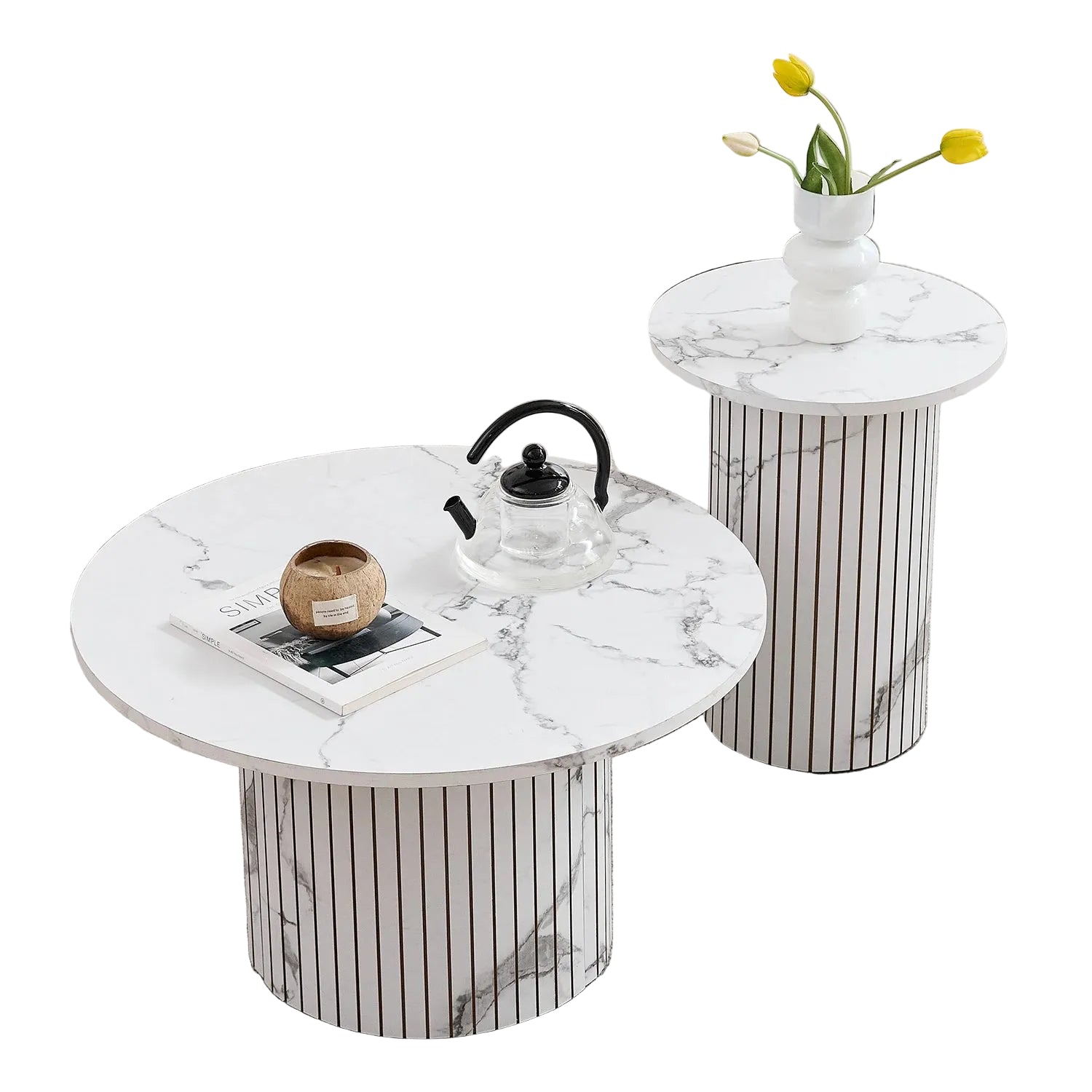 Ensemble de 2 tables basses rondes nordiques – Table gigogne en bois pour salon ou chambre