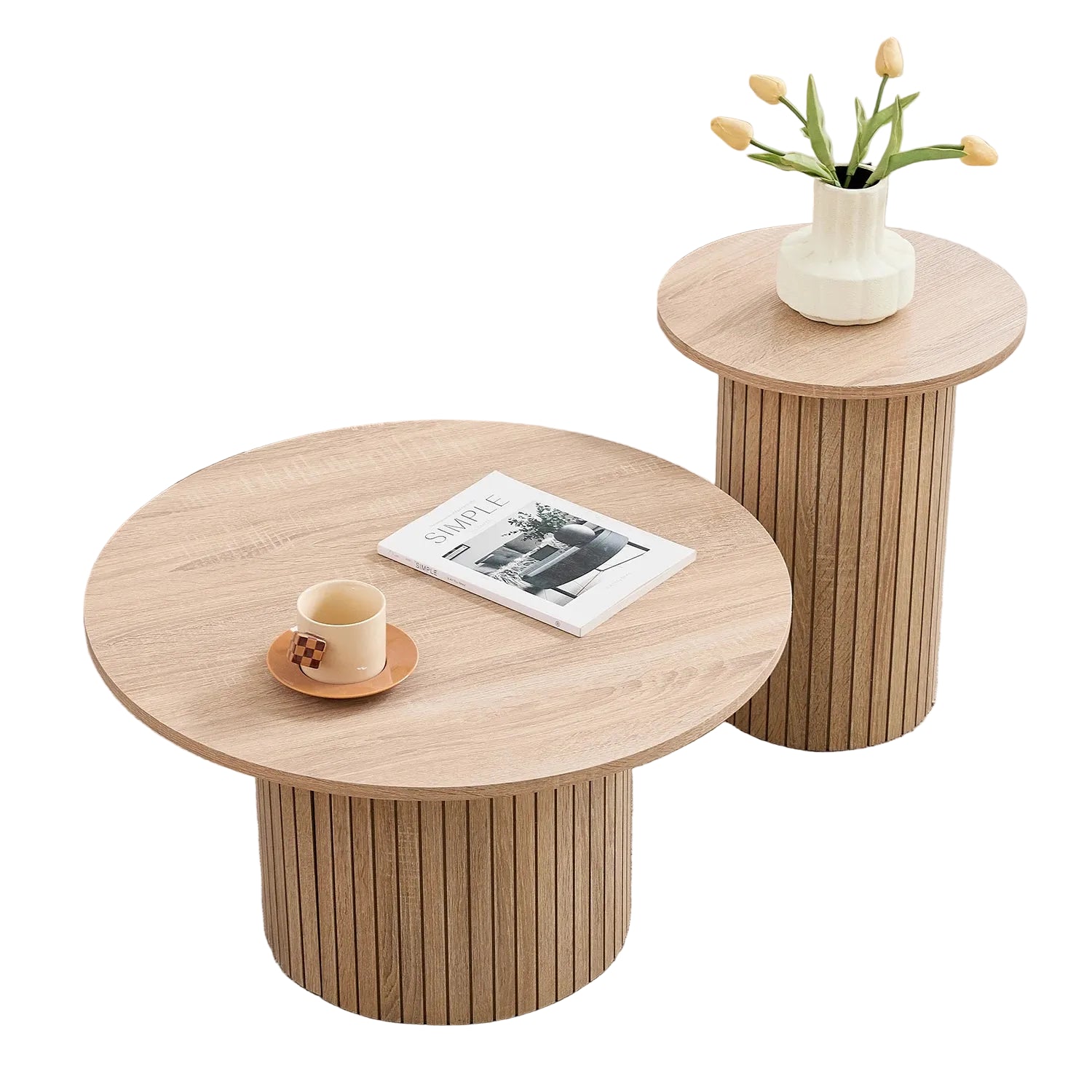 Ensemble de 2 tables basses rondes nordiques – Table gigogne en bois pour salon ou chambre
