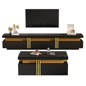 Meuble TV noir multifonction – Table basse et meuble mural pour salon avec plateau effet marbre