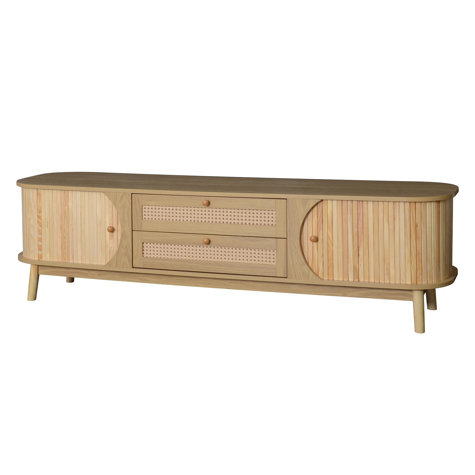 Meuble TV en rotin naturel avec portes et tiroirs – Lowboard style campagnard pour salon avec rangement