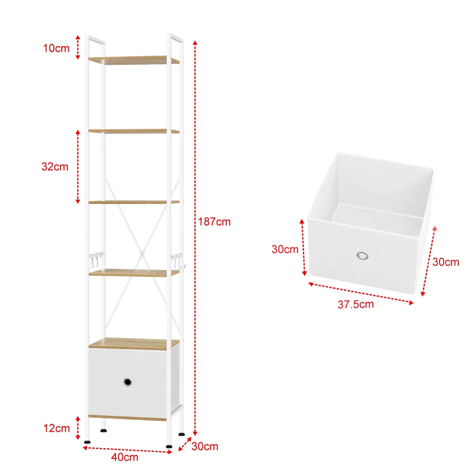 Bibliothèque sur pied avec 5 étagères et tiroir en tissu – Meuble de rangement avec cadre métallique pour salon, cuisine et bureau