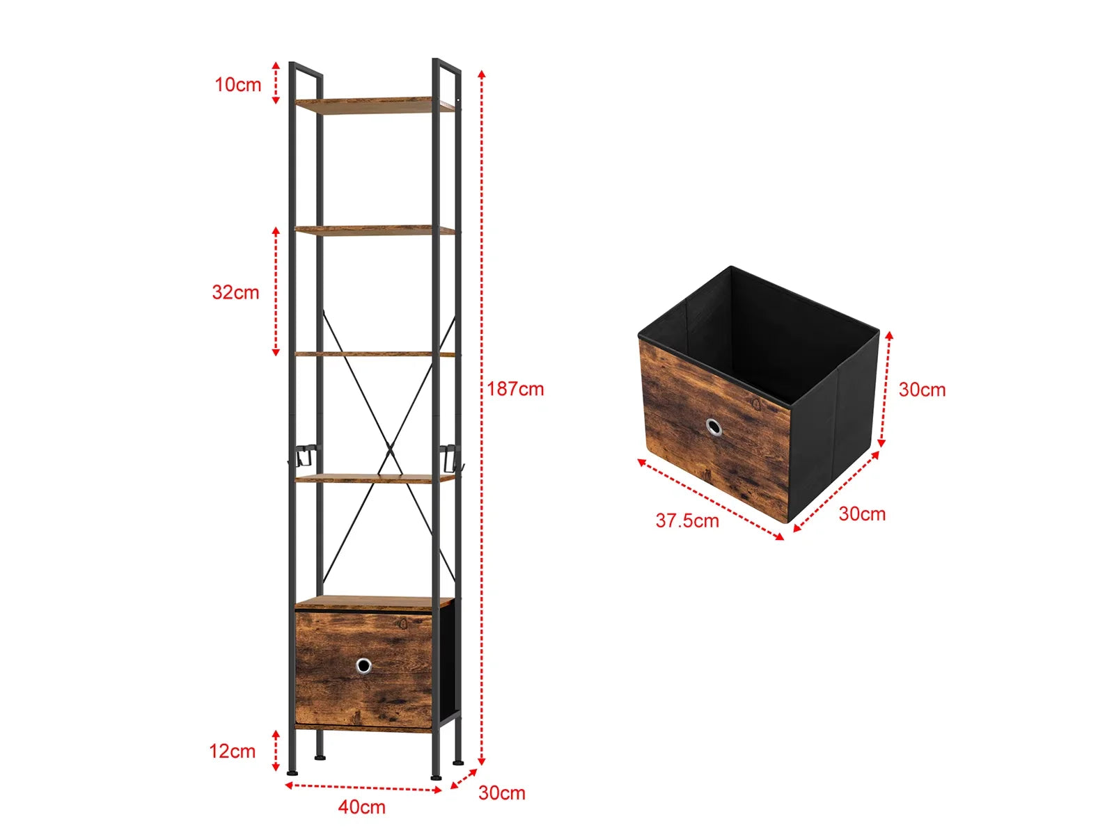 Bibliothèque sur pied avec 5 étagères et tiroir en tissu – Meuble de rangement avec cadre métallique pour salon, cuisine et bureau