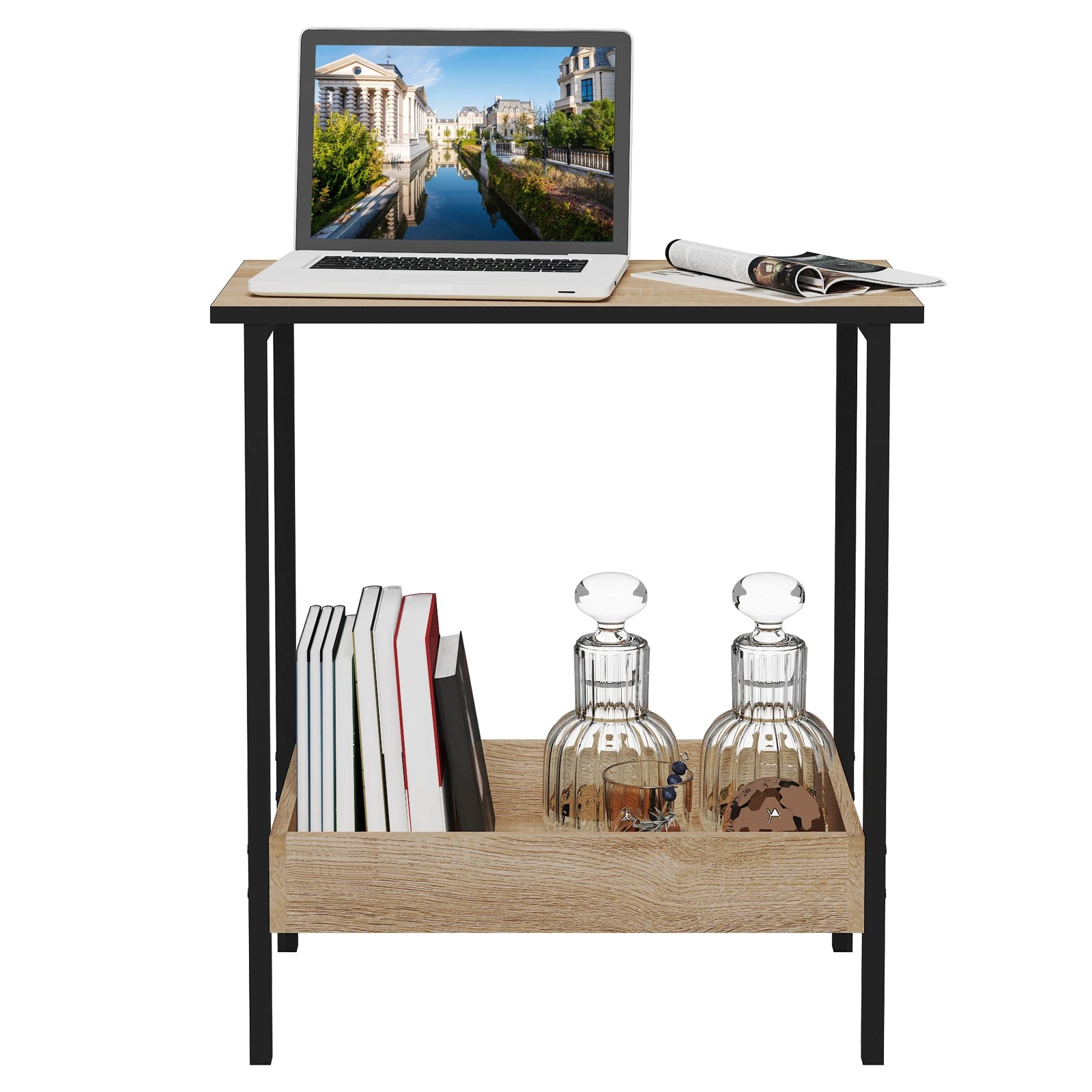 Table d’appoint avec 2 étagères – Table basse et console de canapé pour salon ou chambre avec rangement