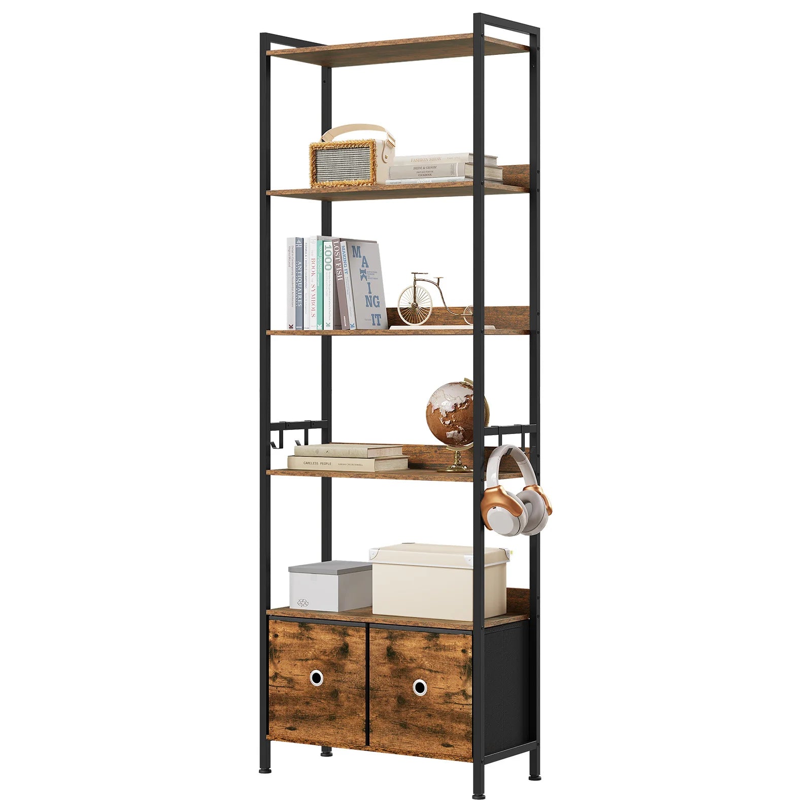 Bibliothèque sur pied avec 5 étagères et tiroir en tissu – Meuble de rangement avec cadre métallique pour salon, cuisine et bureau