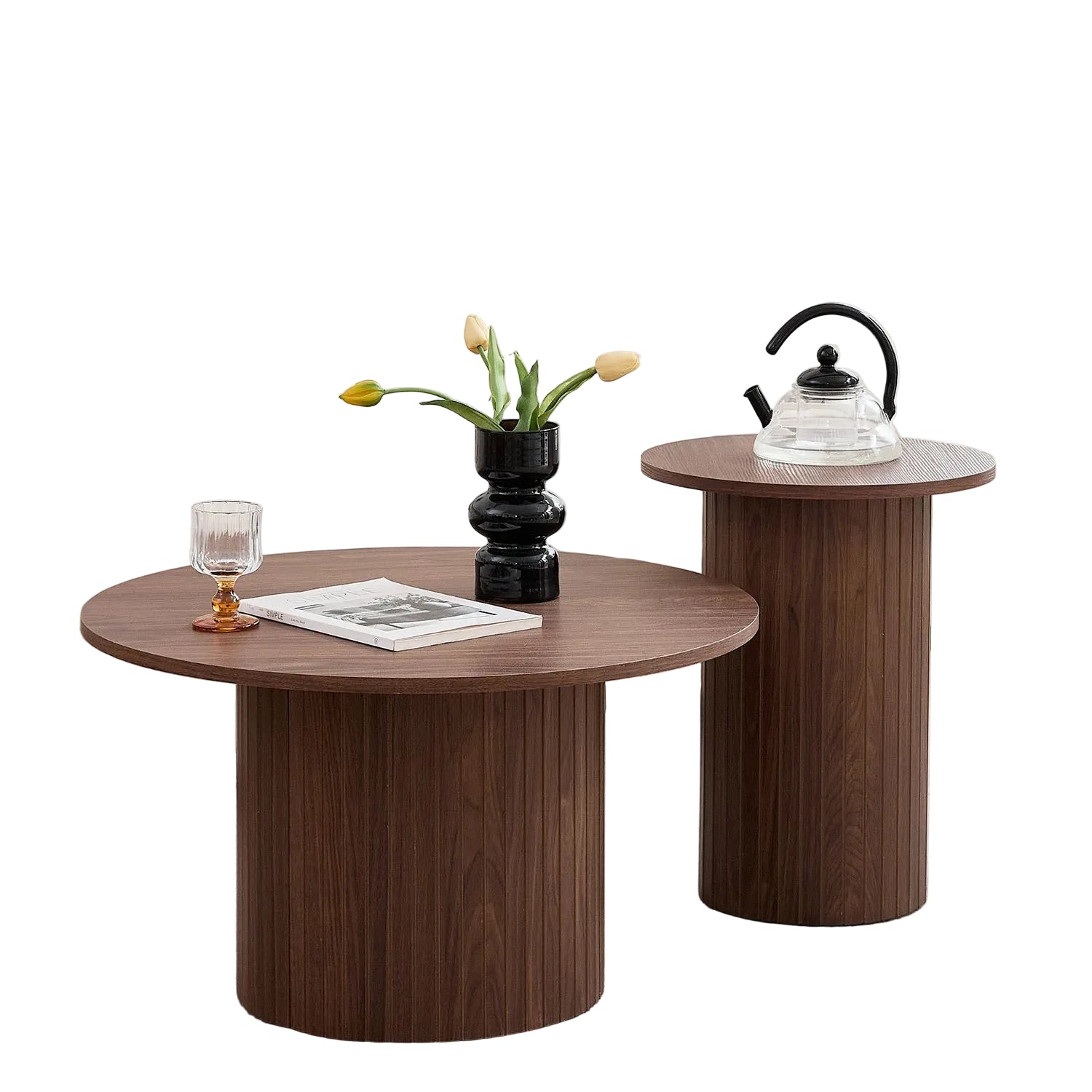 Ensemble de 2 tables basses rondes nordiques – Table gigogne en bois pour salon ou chambre