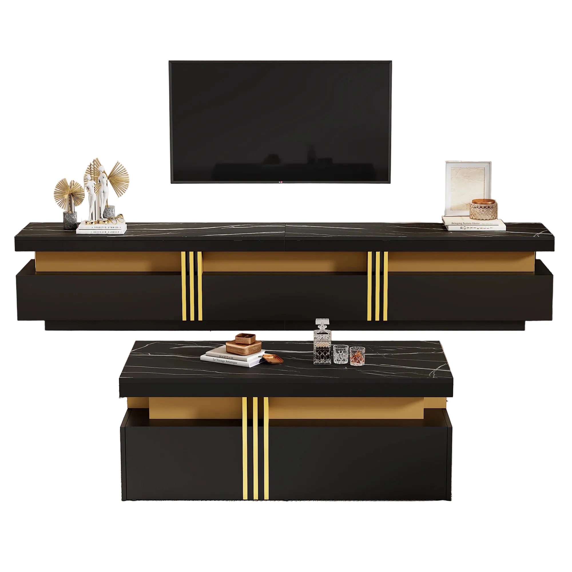 Meuble TV noir multifonction – Table basse et meuble mural pour salon avec plateau effet marbre