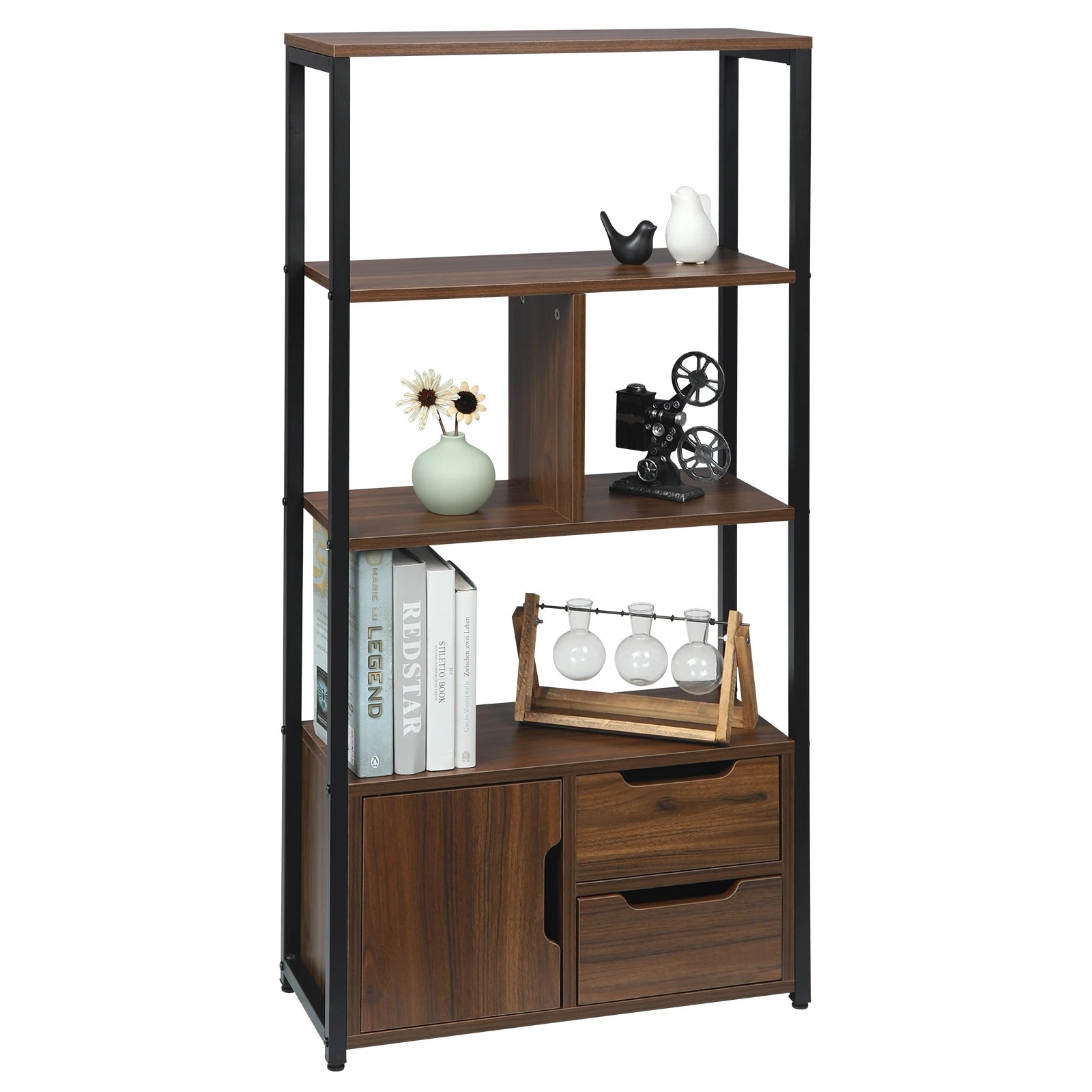 Bibliothèque d’angle avec étagères et 3 tiroirs – Meuble de rangement moderne pour salon et bureau à domicile